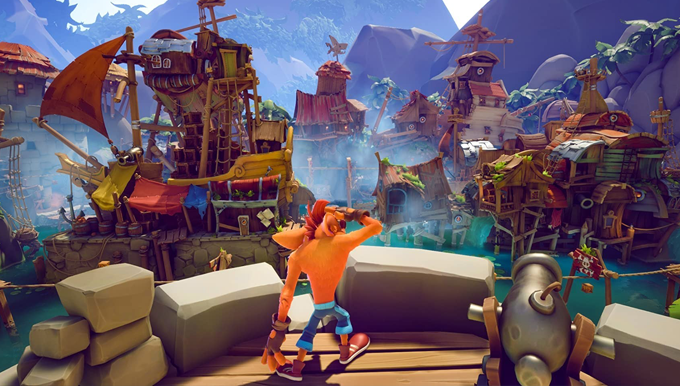 Muitos detalhes em um mundoque lembra cenários piratas em Crash Bandicoot 4
