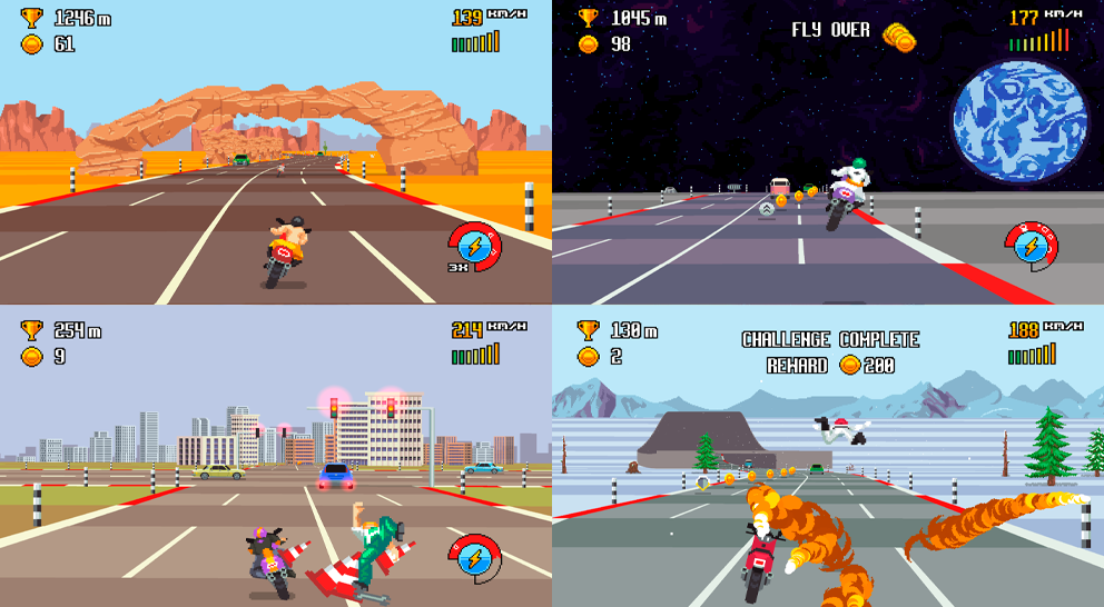 Retro Highway apresenta cenários e diversos tipos de motos.